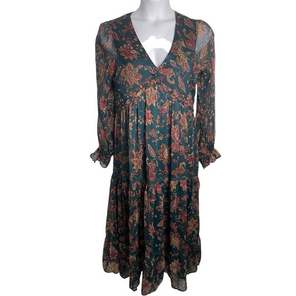 Band Of The Free Run The World Pine Paisley Empire Waist Midi Dress Size Large - Picture 2 of 16